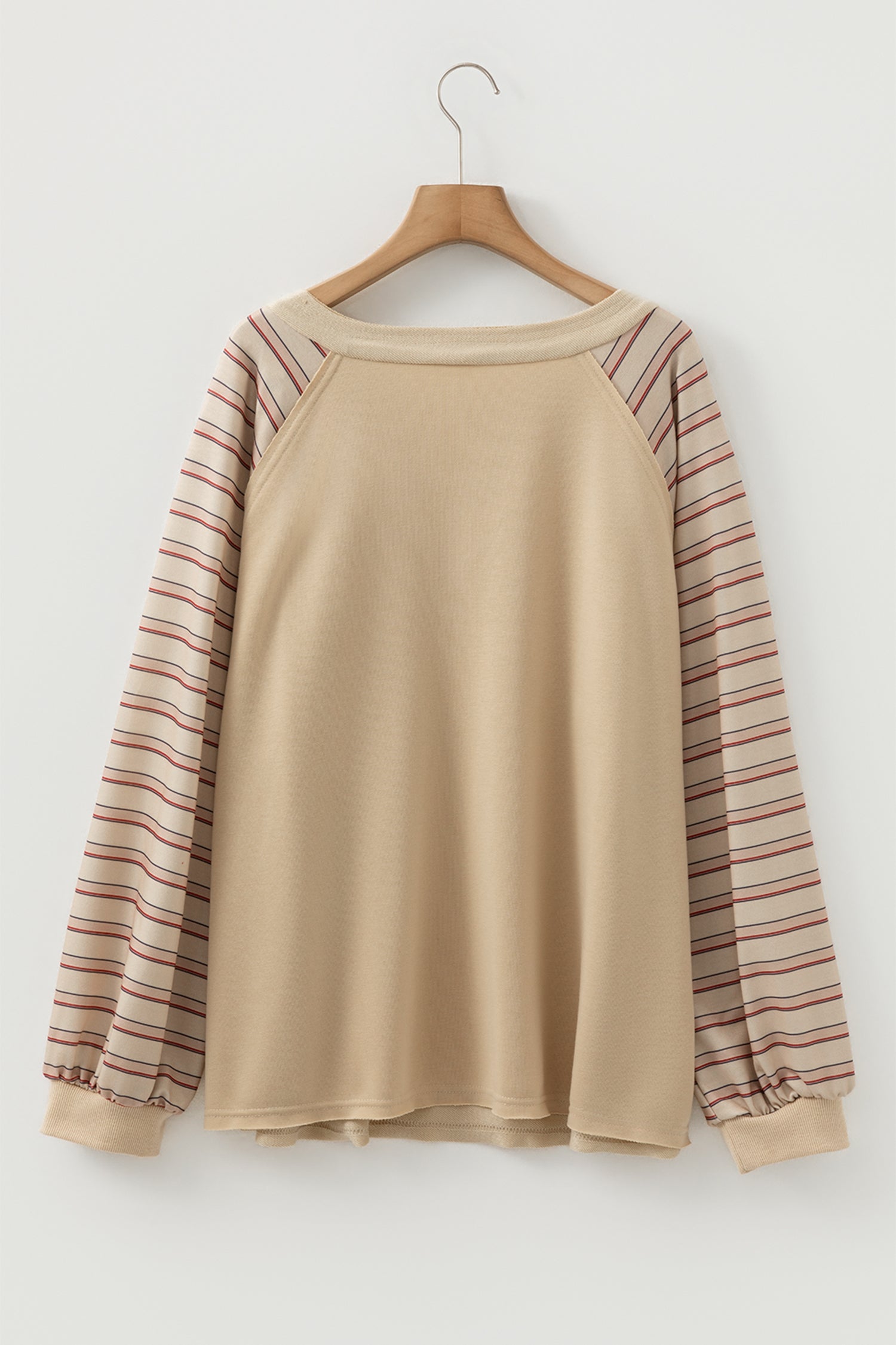 Parchment Striped Raglan Sleeve Notched Neck Raw Edge Plus Size Jumper