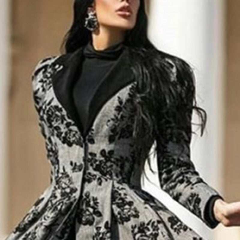 Women's Autumn Winter Long Sleeve Lace Trim Floral Print Vintage Long Trench Coat