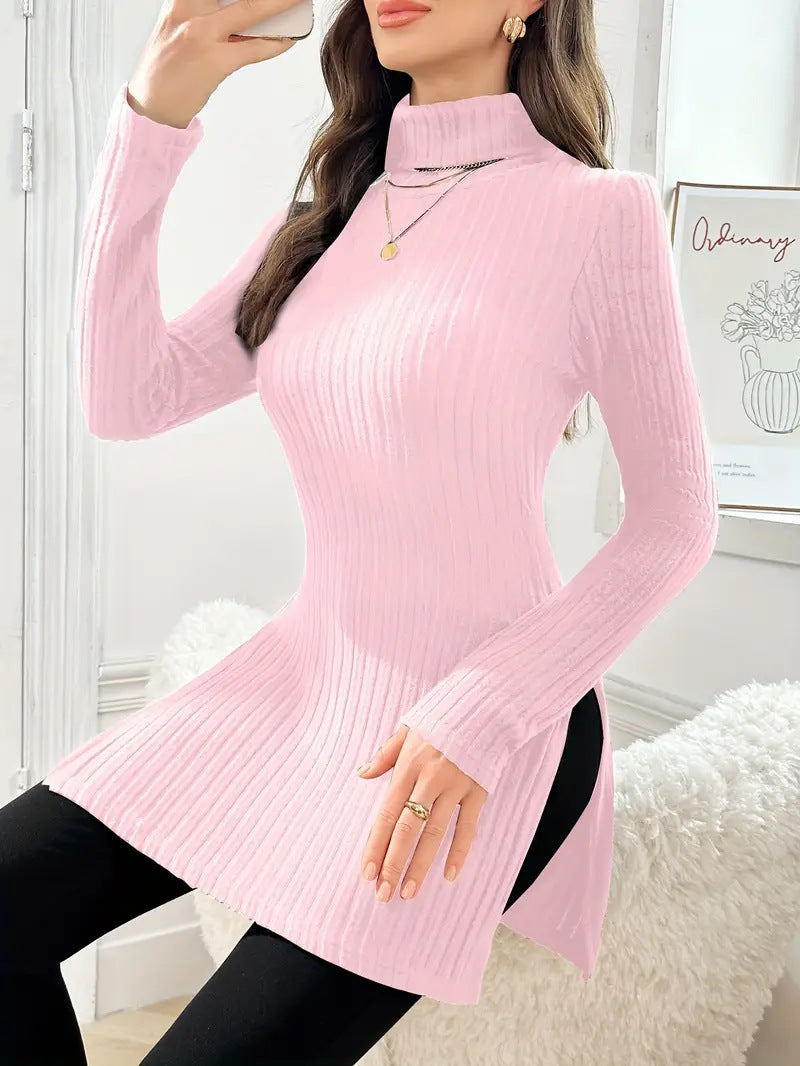 Plus Size Women's Turtleneck Pullover Side Slit Mid-length Sweater