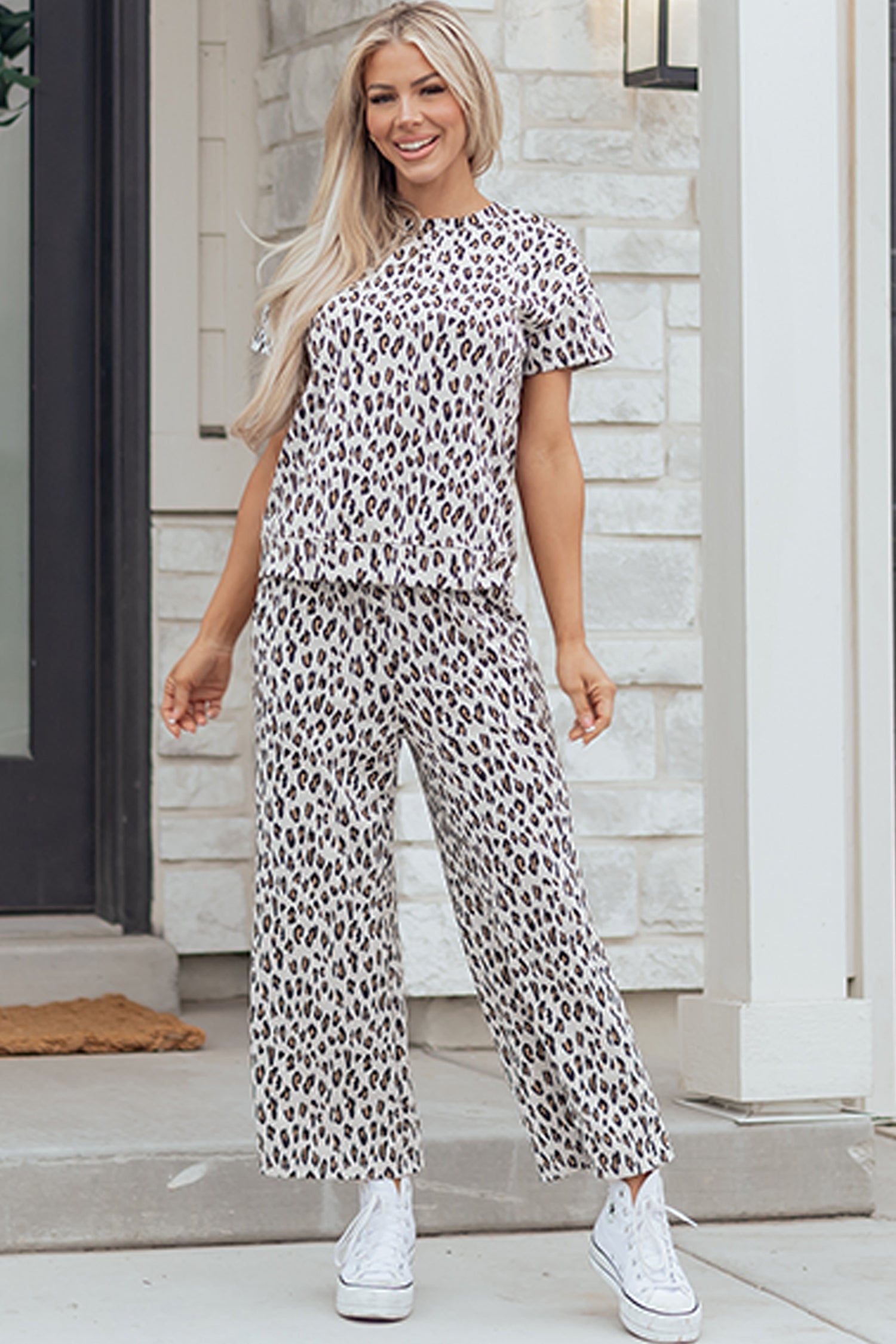 Beige Leopard Print Casual Tee and Pants 2pcs Outfit