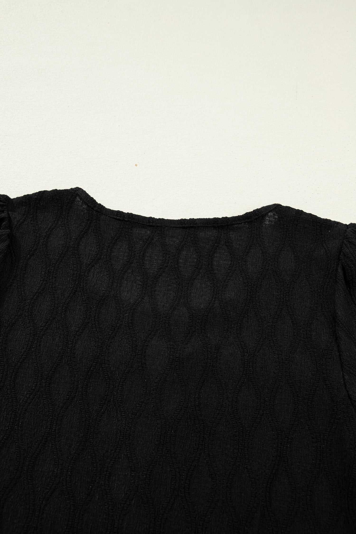 Black Solid Color Textured Notched Neck Puff Sleeve Blouse