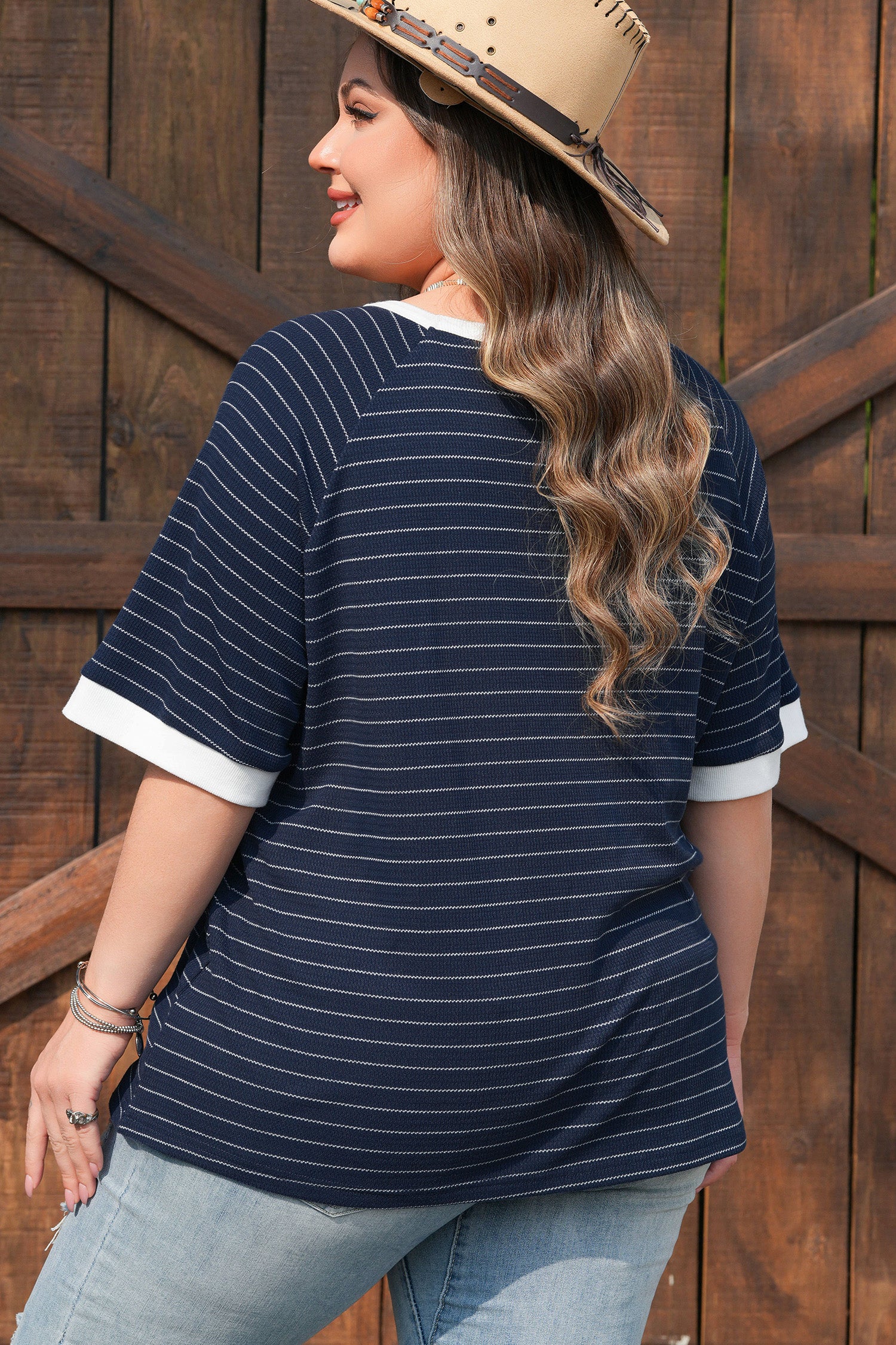 Blue Stripe Contrast Trim Plus Size Ribbed T Shirt