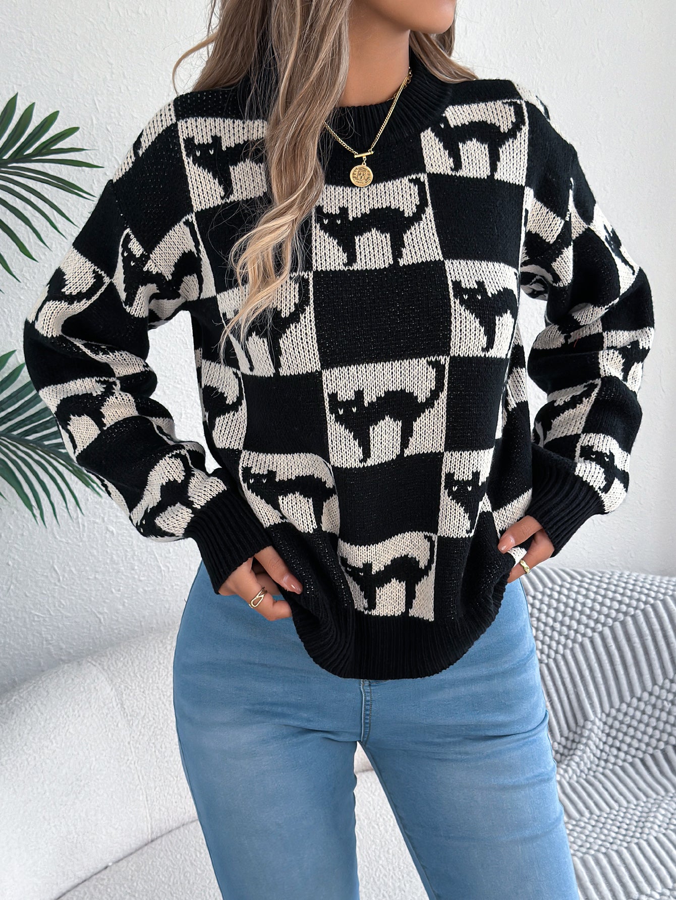 Women Halloween Plaid Lantern Sleeve Long Sleeve Pullover Sweater
