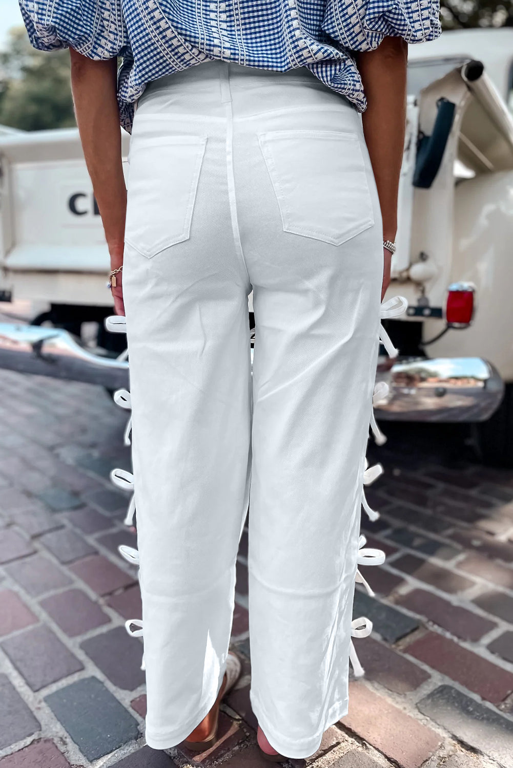 White Bowknot Side Detail Straight Leg Loose Jeans