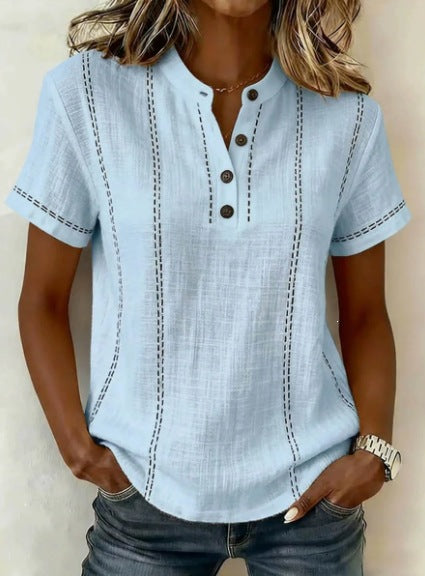Casual Short-Sleeve Stand-Collar Solid-Color Patchwork Womens Shirt