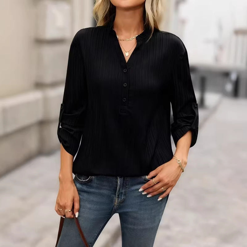 V-neck Partially Open-buttoned Shirt Fashionable And Versatile Top