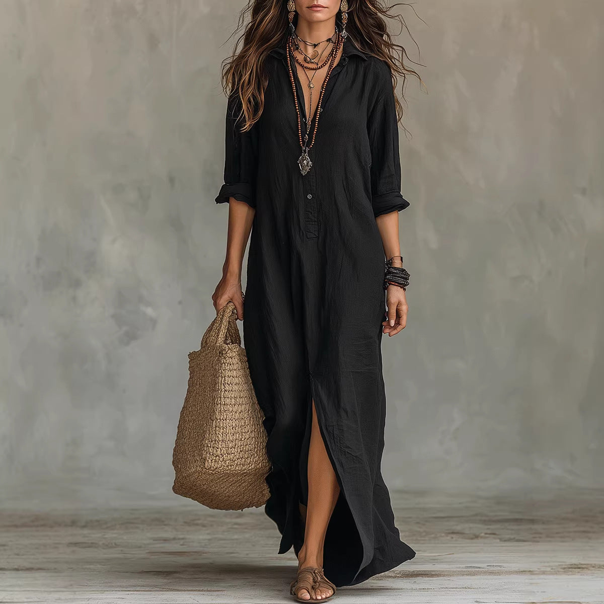 Casual Solid-color Lapel-front Slit Maxi Dress