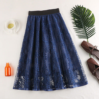 Spring And Summer Elastic High Waist Slimming Lace Crochet Hollow Large Swing A- Line Umbrella Skirt