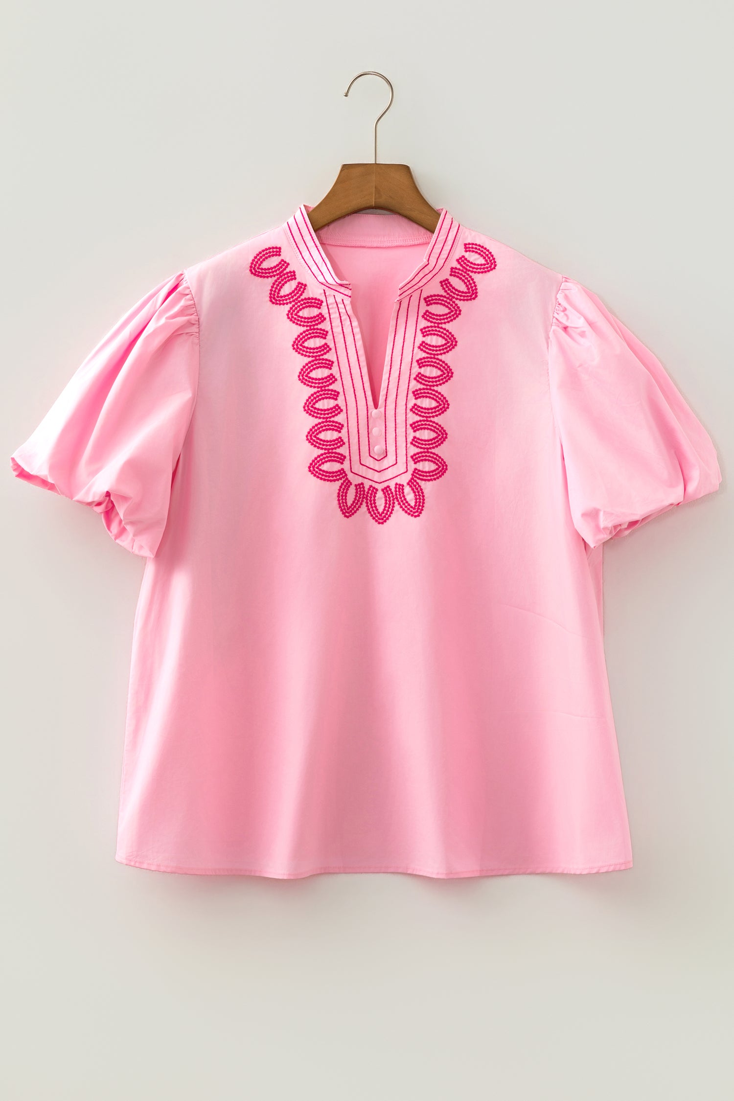 Pink Boho Embroidered Detail Puff Sleeve Cotton Blouse