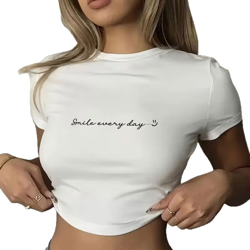 Womens Letter-Print Top Cropped T-Shirt
