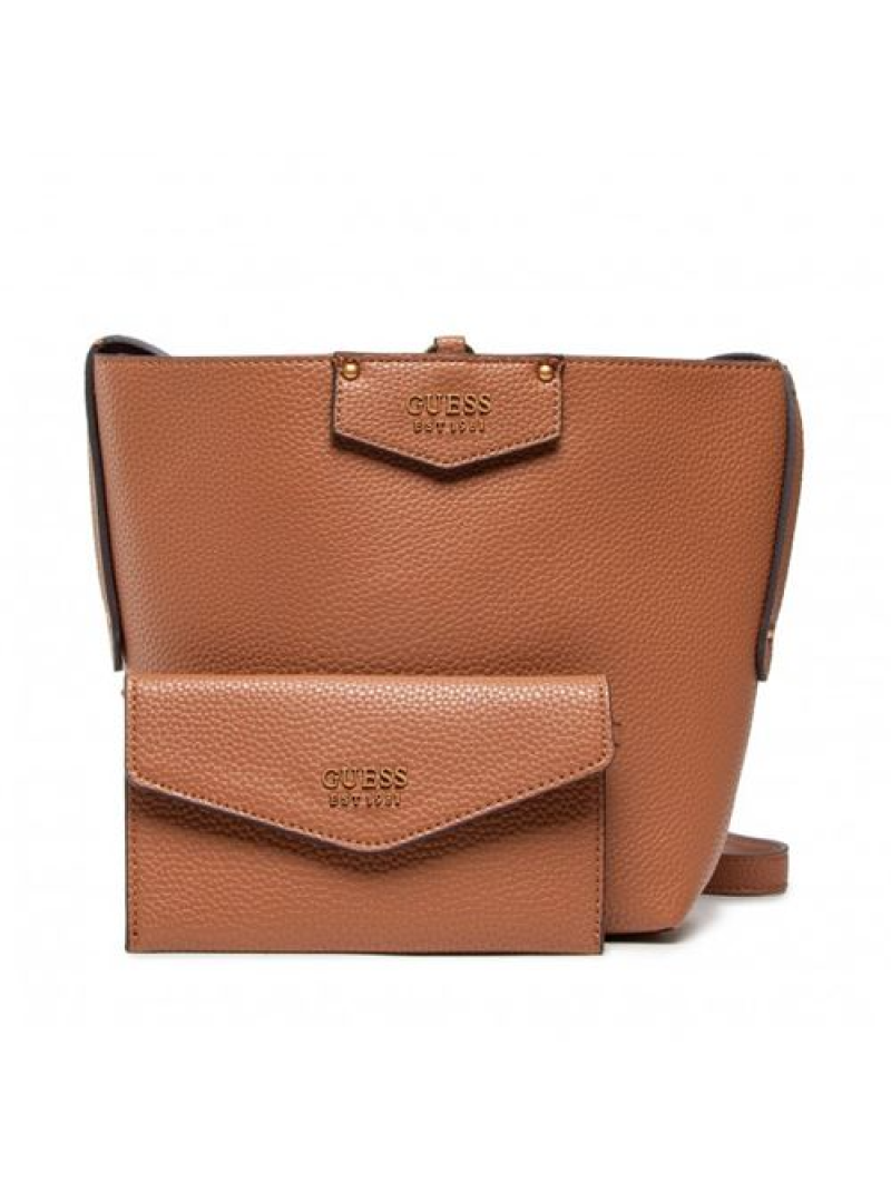 Guess, Brenton, Ecological leather, Textile Bag, Rigid structure, Caramel, 6432, For Women, 22 x 18 x 9 cm