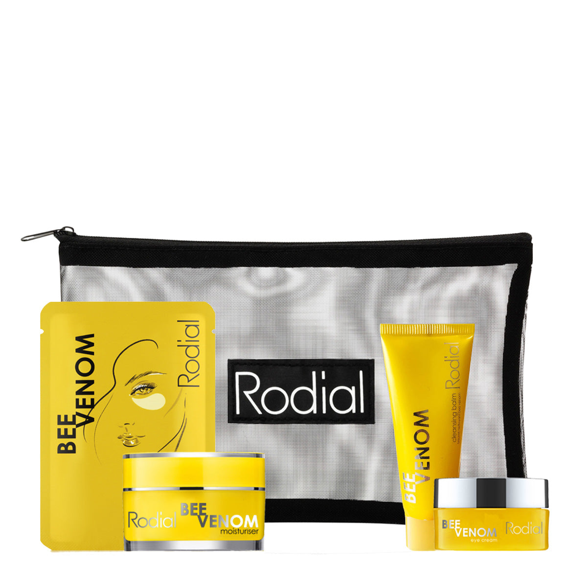 Little Luxuries Kit Set Rodial: Bee Venom, Moisturizing, Cream, For Face, 15 ml + Bee Venom, Eliminates Impurities, Cleansing Balm, For Face, 20 ml + Bee Venom, Anti-Wrinkle, Eye Cream, 5 ml + Bee Venom, Firming, Eye Patch, 3 g