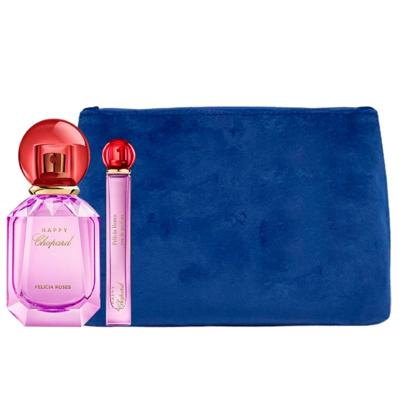 Luxury Naturals Perfumery Set Chopard: Happy Felicia Roses, Eau De Parfum, For Women, 100 ml + Happy Felicia Roses, Eau De Parfum, For Women, 10 ml + Chopard, Synthetic Leather, Textile Bag, Trouse Pouche, Blue, For Women, 2.4 x 9 x 6.2 cm