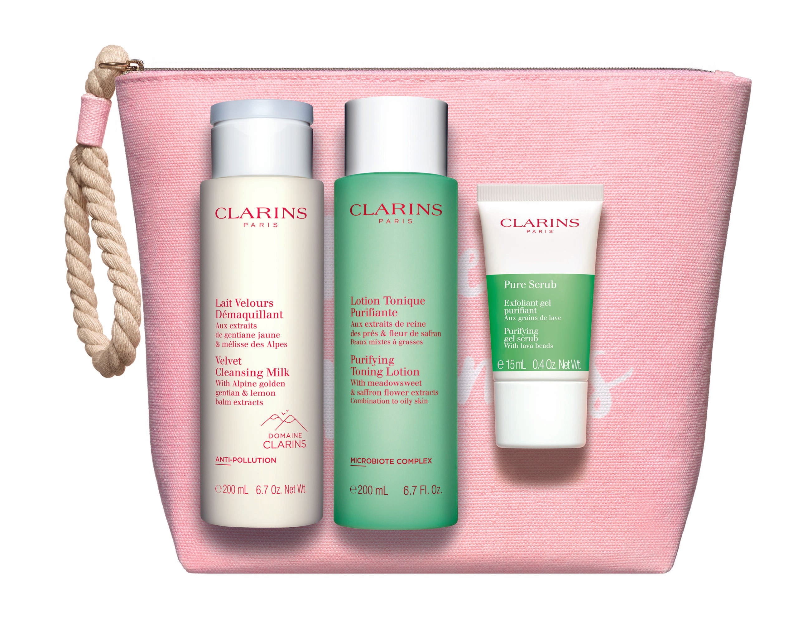 Set Clarins: Pure, Exfoliating Scrub, 15 ml + Velourse, Anti-Pollution, Cleansing Milk, For Face, 200 ml + Purifying, Alcohol-Free, Purifying, Tonic Lotion, For Face, 200 ml