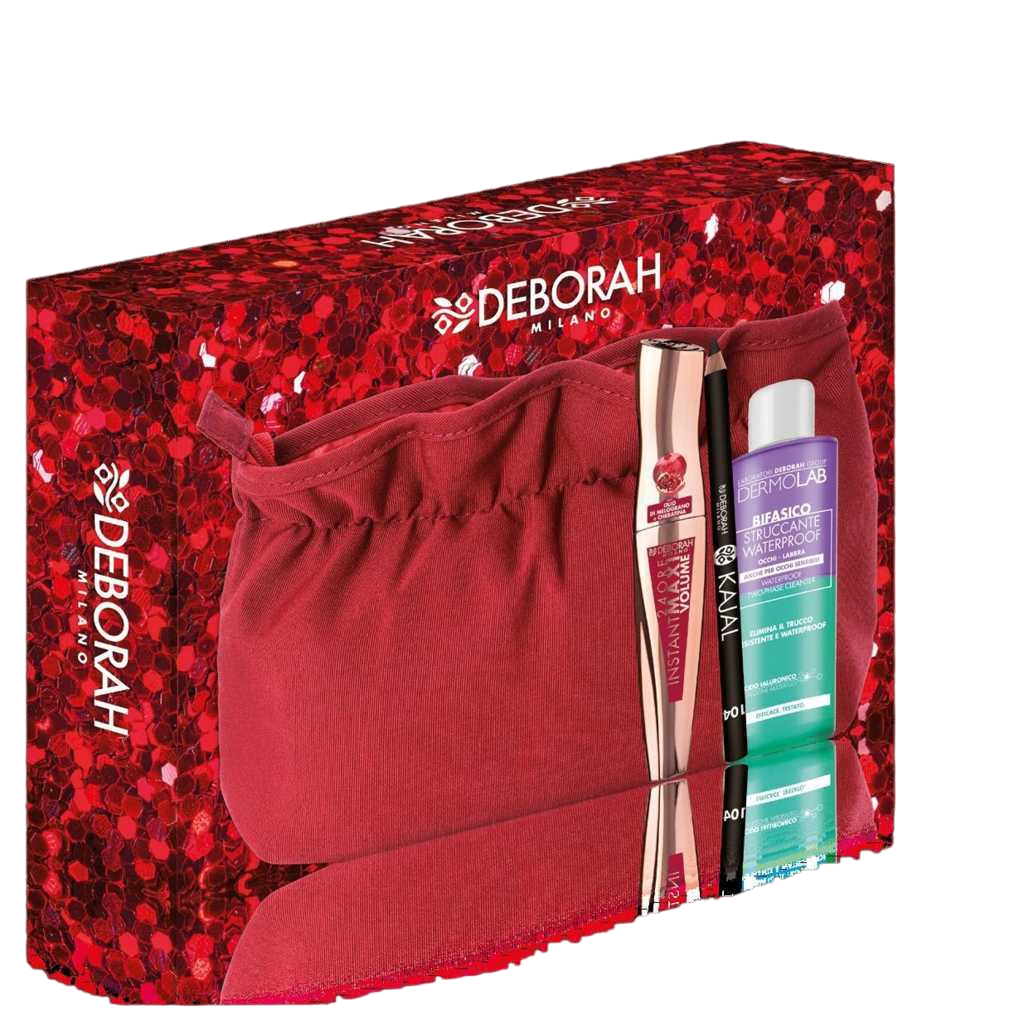 Set Deborah: Dermolab Bifasico, Hyaluronic Acid, Makeup Remover Lotion, 50 ml + Deborah, Kajal Eye Pencil, 104, Black, 1.5 g + Instant Maxi, Volumizing, Mascara, Black, 14 ml + Textile Makeup Bag, Red