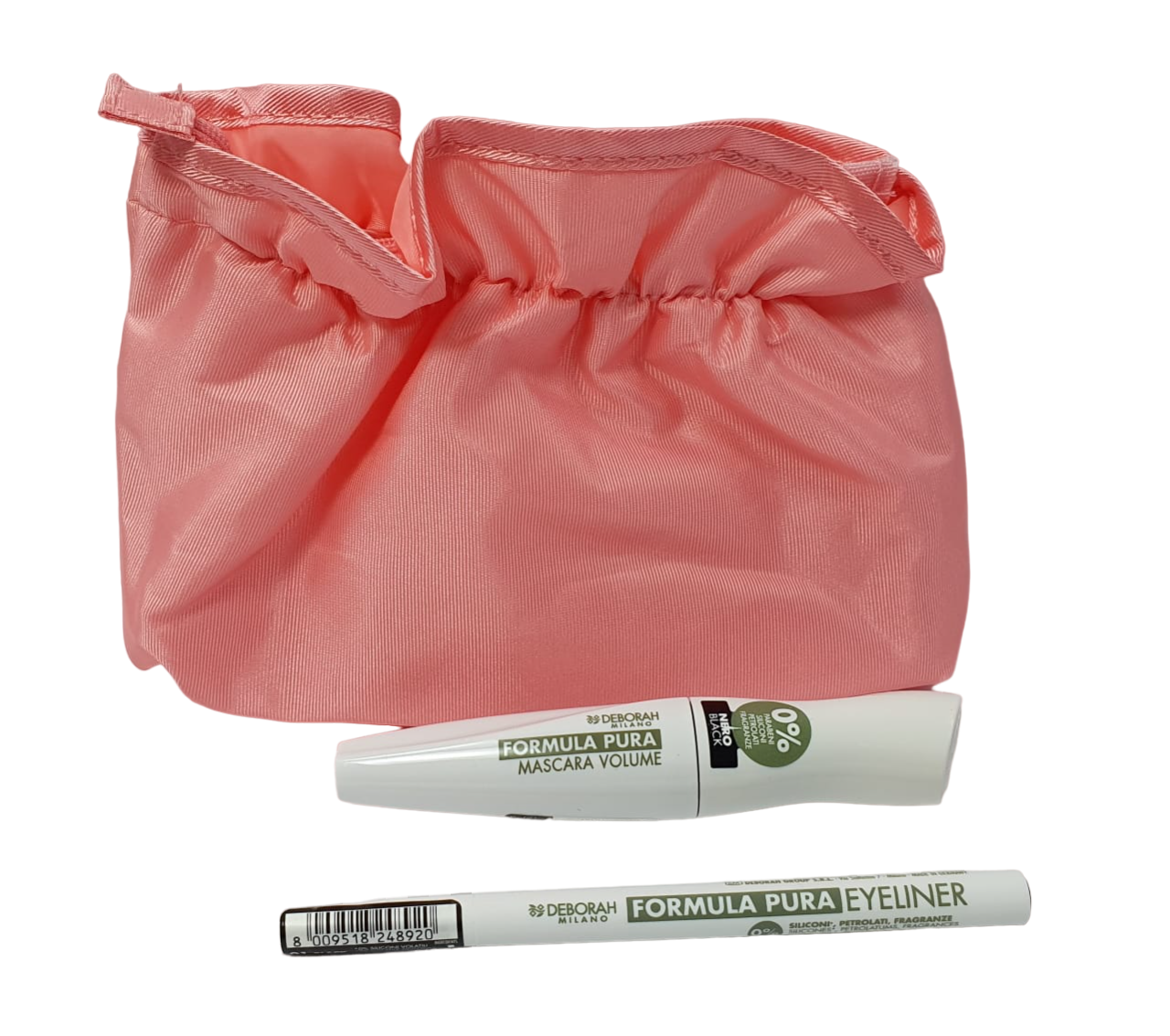 Set Deborah: Formula Pura, Volumizing, Mascara, Black, 12 ml + Formula Pura, Gel Pencil Eyeliner, Black, 1.5 g + Textile Makeup Bag, Pink