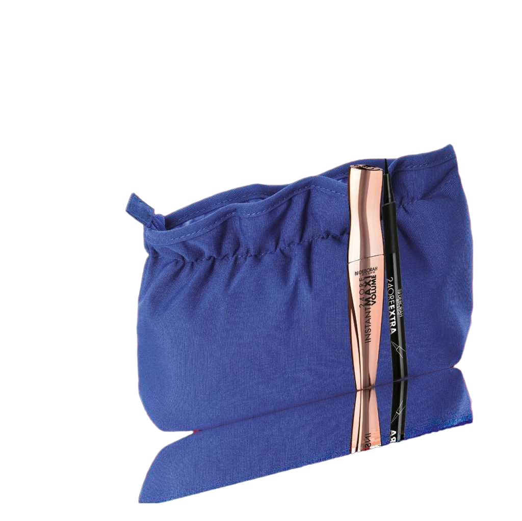 Set Deborah: Instant Maxi Volume, Volumizing, Mascara, Black, 11 ml + 24 Ore Extra, Gel Pencil Eyeliner, Black, 1.5 g + Textile Makeup Bag, Blue