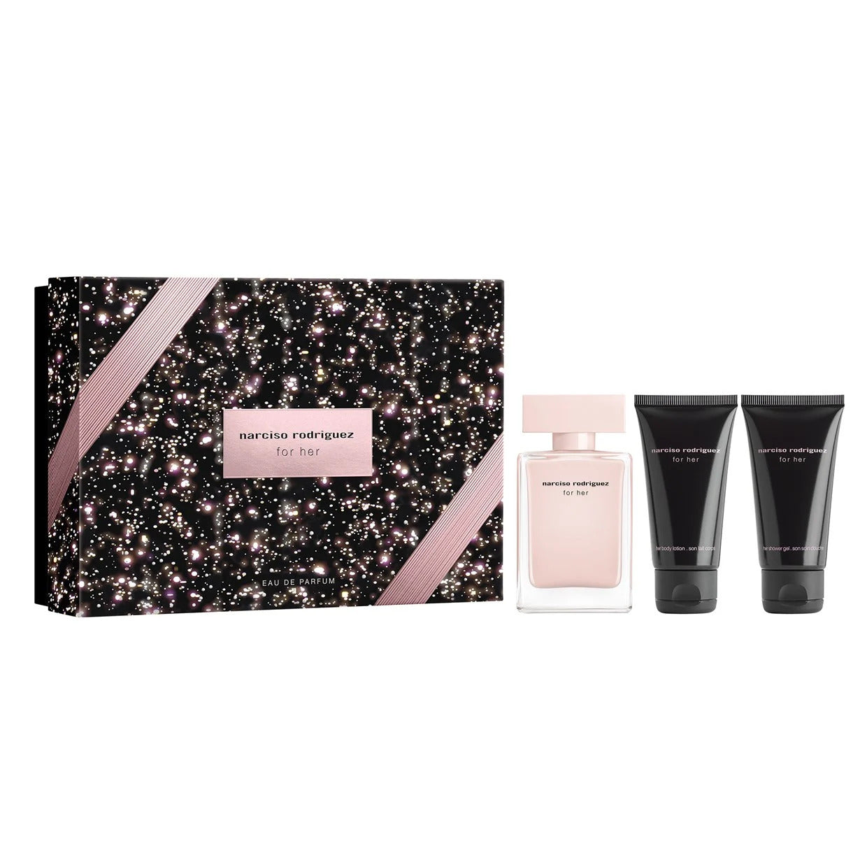 Set Narciso Rodriguez: For Her, Eau De Parfum, For Women, 50 ml + For Her, Hydrating, Body Lotion, 50 ml + For Her, Cleansing, Shower Gel, All Over The Body, For All Skin Types, 50 ml