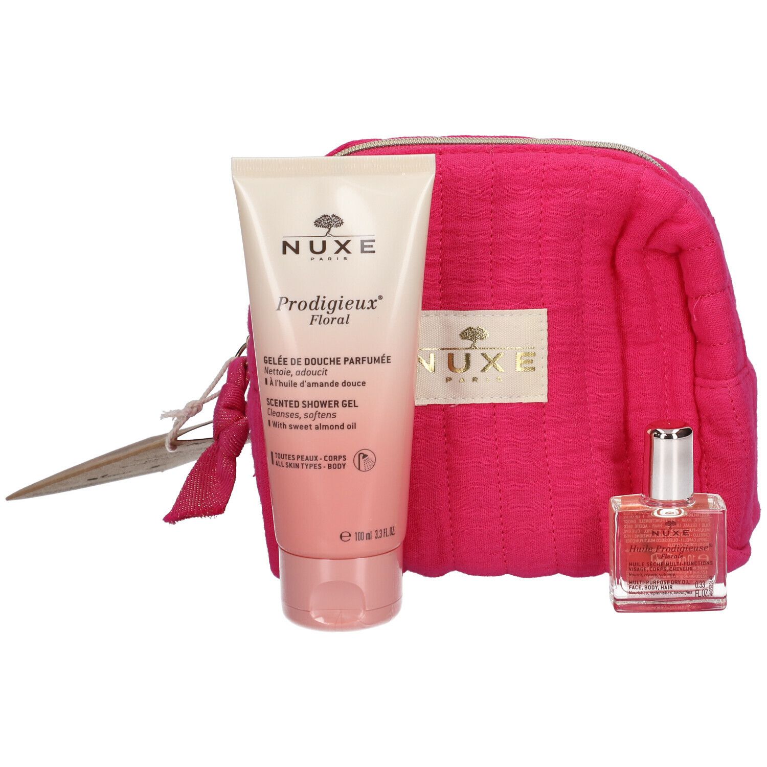Set Nuxe: Prodigieux Floral, Shower Gel, All Over The Body, For All Skin Types, 100 ml + Prodigieuse Florale, Moisturizing, Body Oil, For Body, Face & Hair, 30 ml + Nuxe, GWP Textile Pouch, Pink