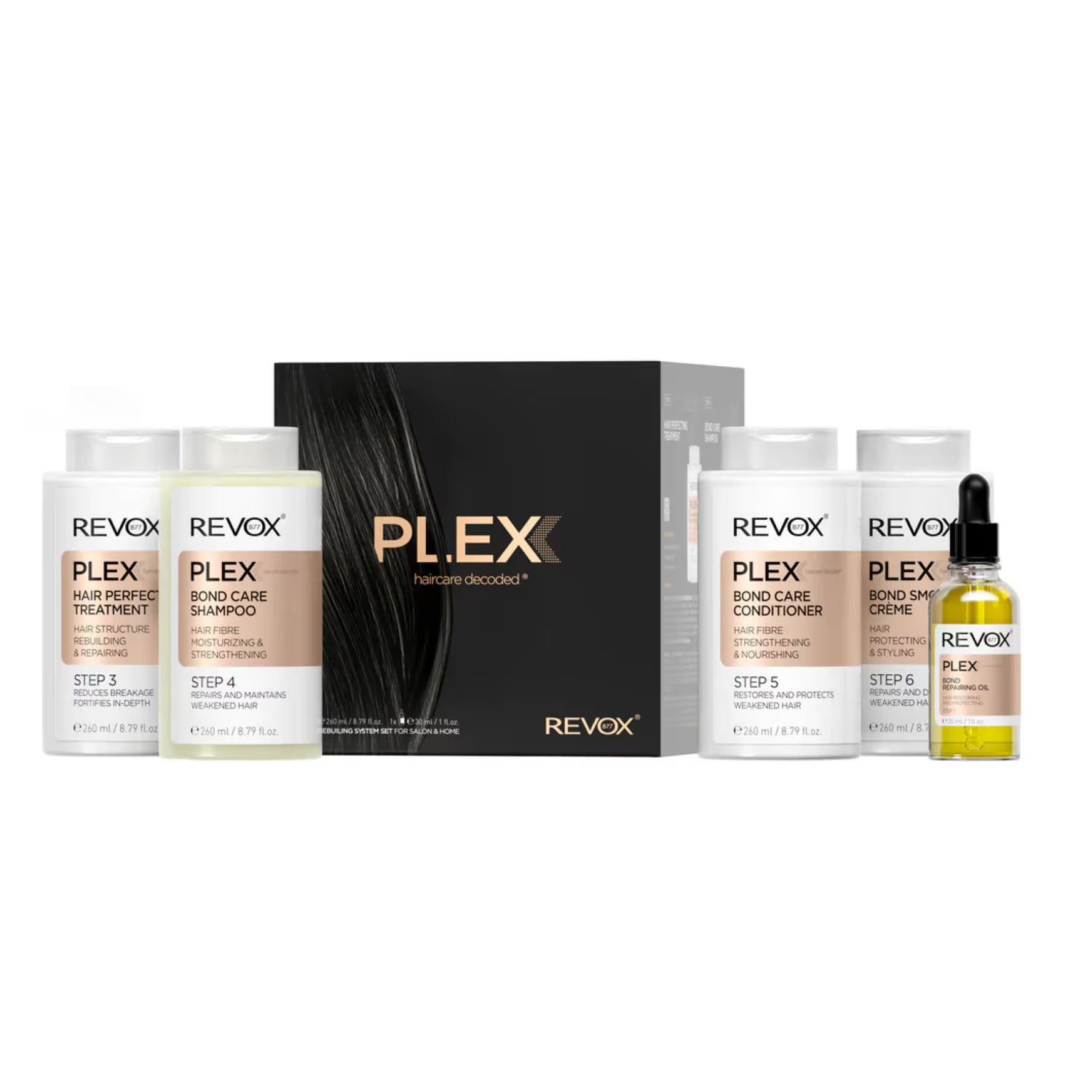 Set Revox B77: Plex Bond Step 3, Hair Cream Treatment, Anti-Breakage, 260 ml + Plex Bond Step 4, Hair Shampoo, For Strengthening, 260 ml + Plex Bond Step 5, Hair Conditioner, Restores, 260 ml + Plex Bond Step 6, Hair Cream Treatment, Repairing, 260 ml ...