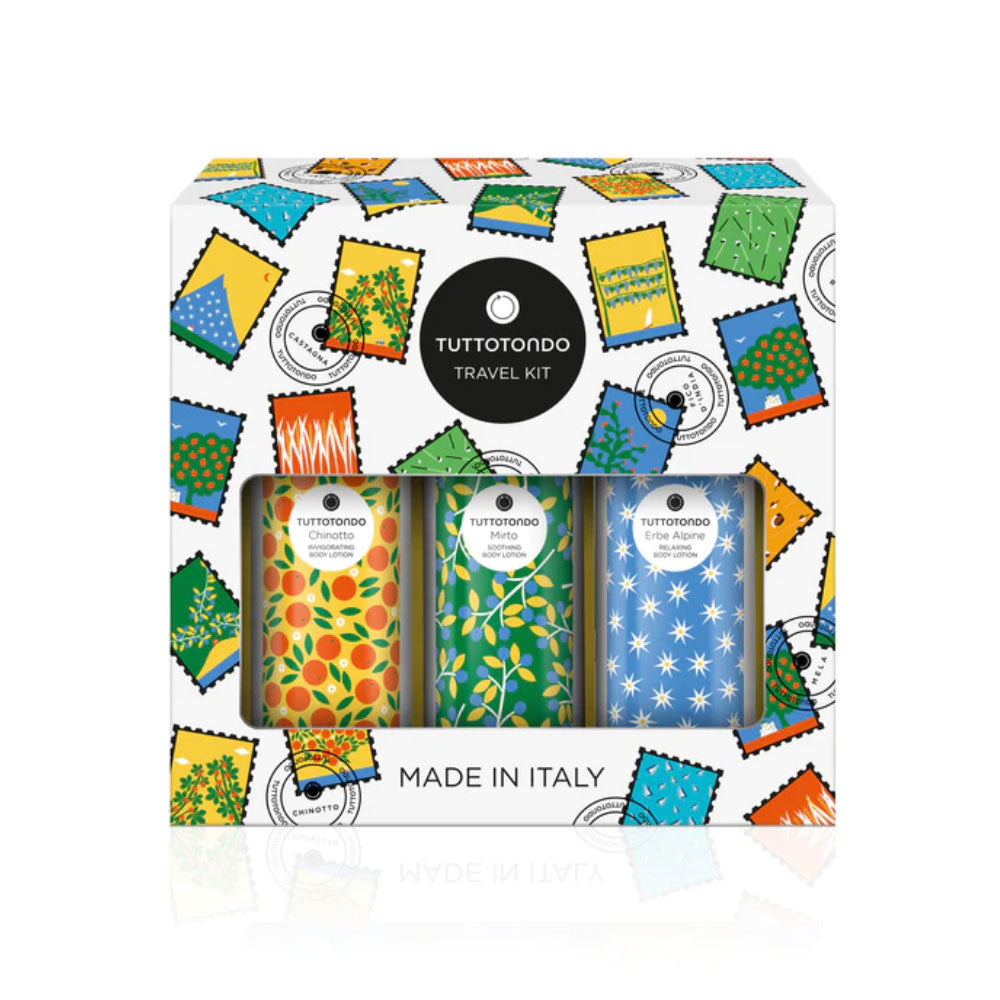 Travel Set Tuttotondo: Erbe Alpine, Relaxing, Body Lotion, 100 ml + Chinotto, Invigorating, Body Lotion, 100 ml + Mirto, Soothing, Body Lotion, 100 ml