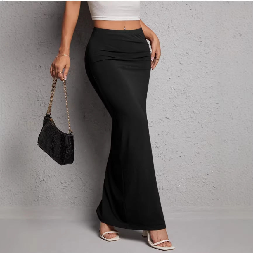 Solid-color High-waisted Elegant Pleated Slit Midi Skirt