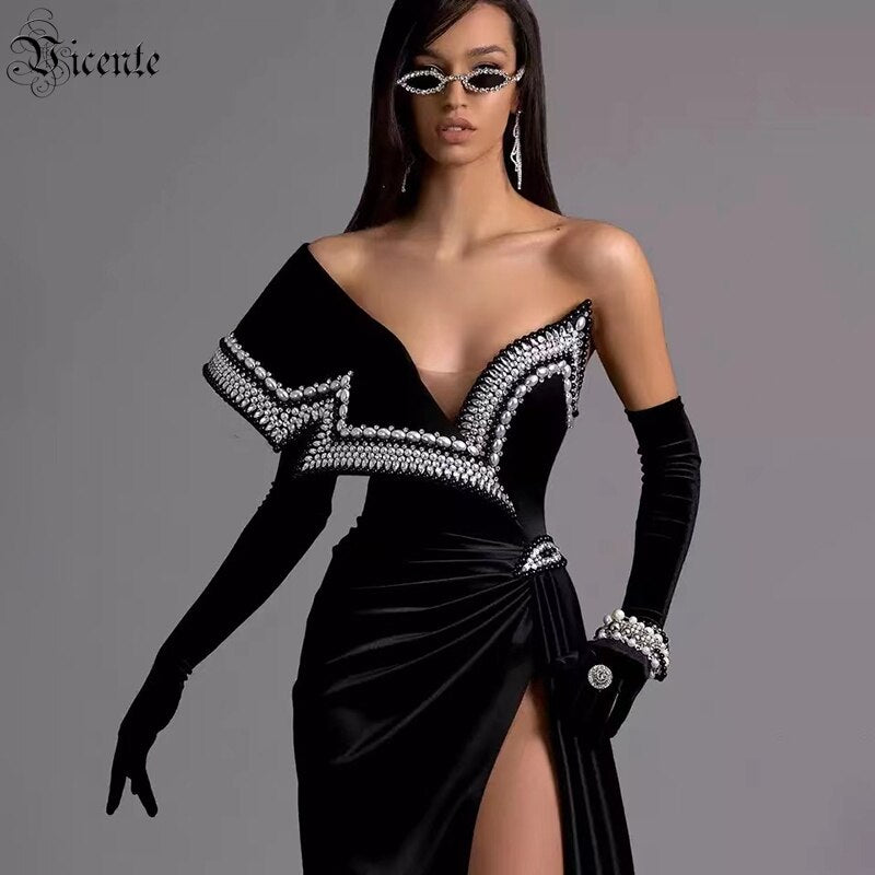 New One-Shoulder Beaded Fashion Beautiful Pleated Folds Slim Long Slit Bandage Dress