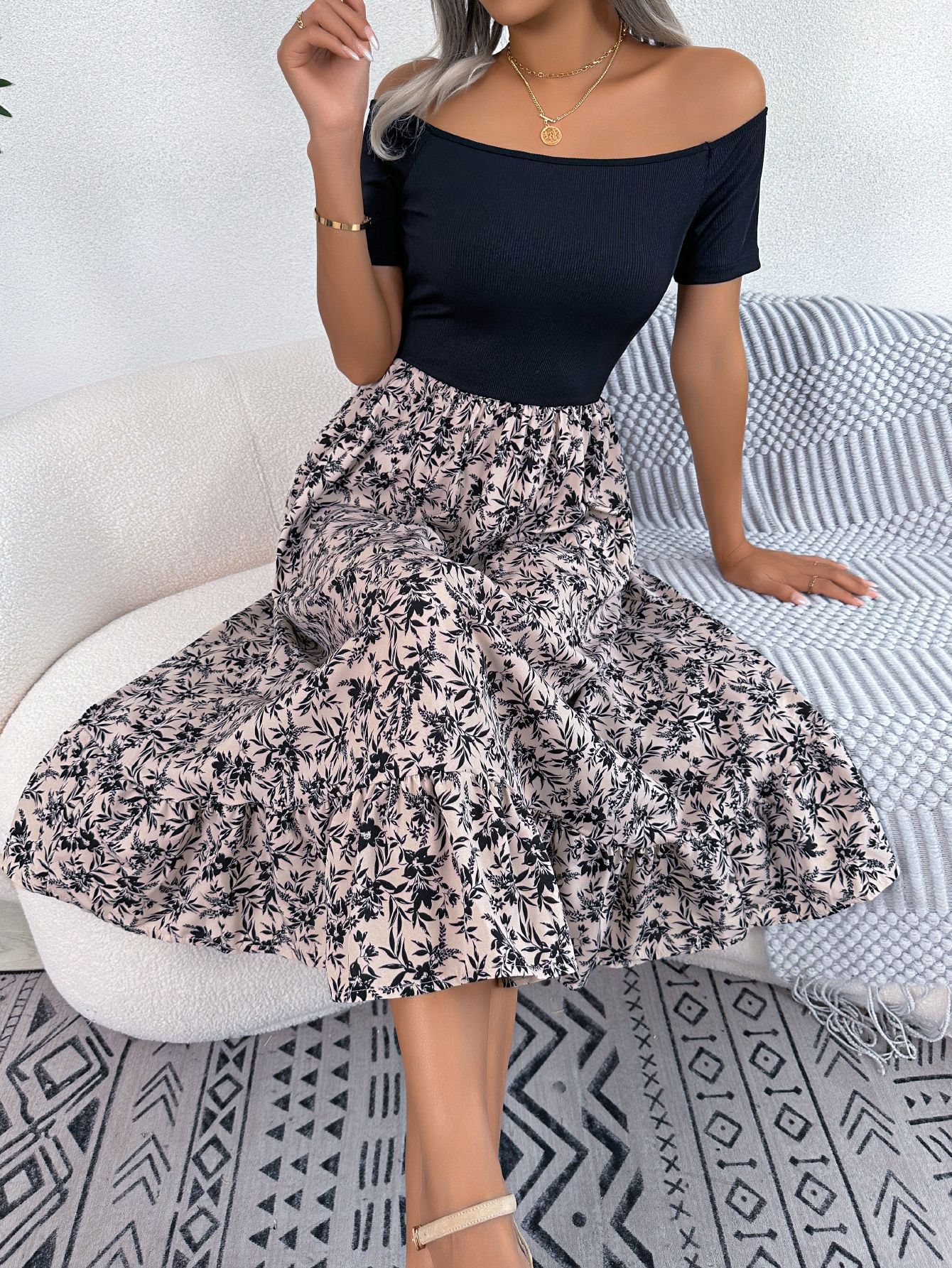 European And American-style Casual Off-shoulder Floral Dress