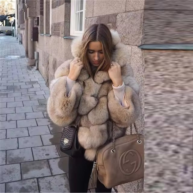 Women's Minimalist Hooded Patchwork Fur Grass Jacket
