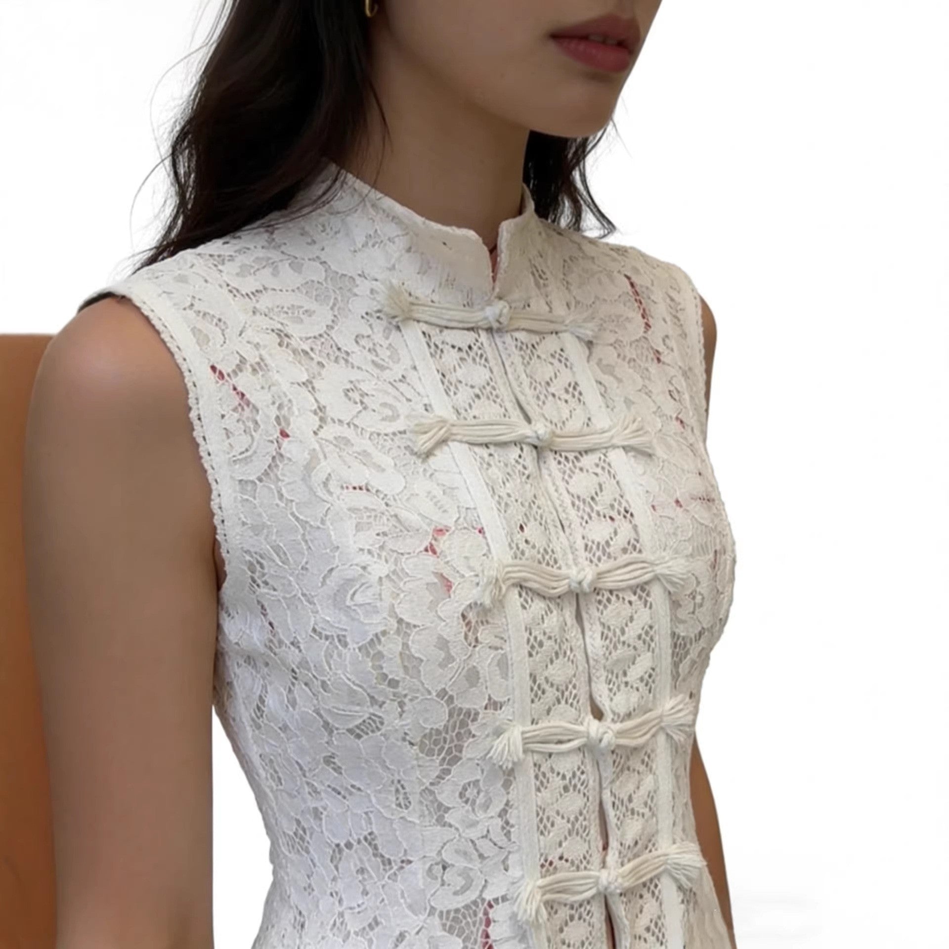 Fashionable Lace Crochet Stand Collar Slim-fit Sleeveless Shirt