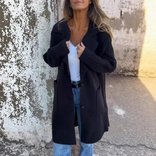 Women's Twist Knit Stitching Lapel Large Coat