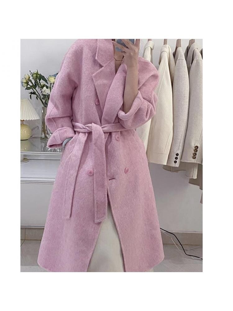 Winter Popular New Long Mulberry Silk Woolen Overcoat Women Double Breasted Lacing Belt Classic Pink Loose Wool Coat Jacket