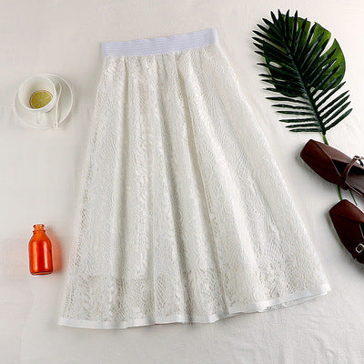 Spring And Summer Elastic High Waist Slimming Lace Crochet Hollow Large Swing A- Line Umbrella Skirt