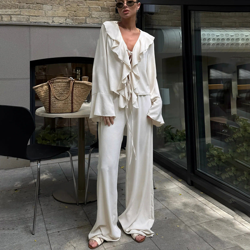 V-neck Ruffled Long-sleeve Shirt And High-waist Wide-leg Pants Two-piece Set