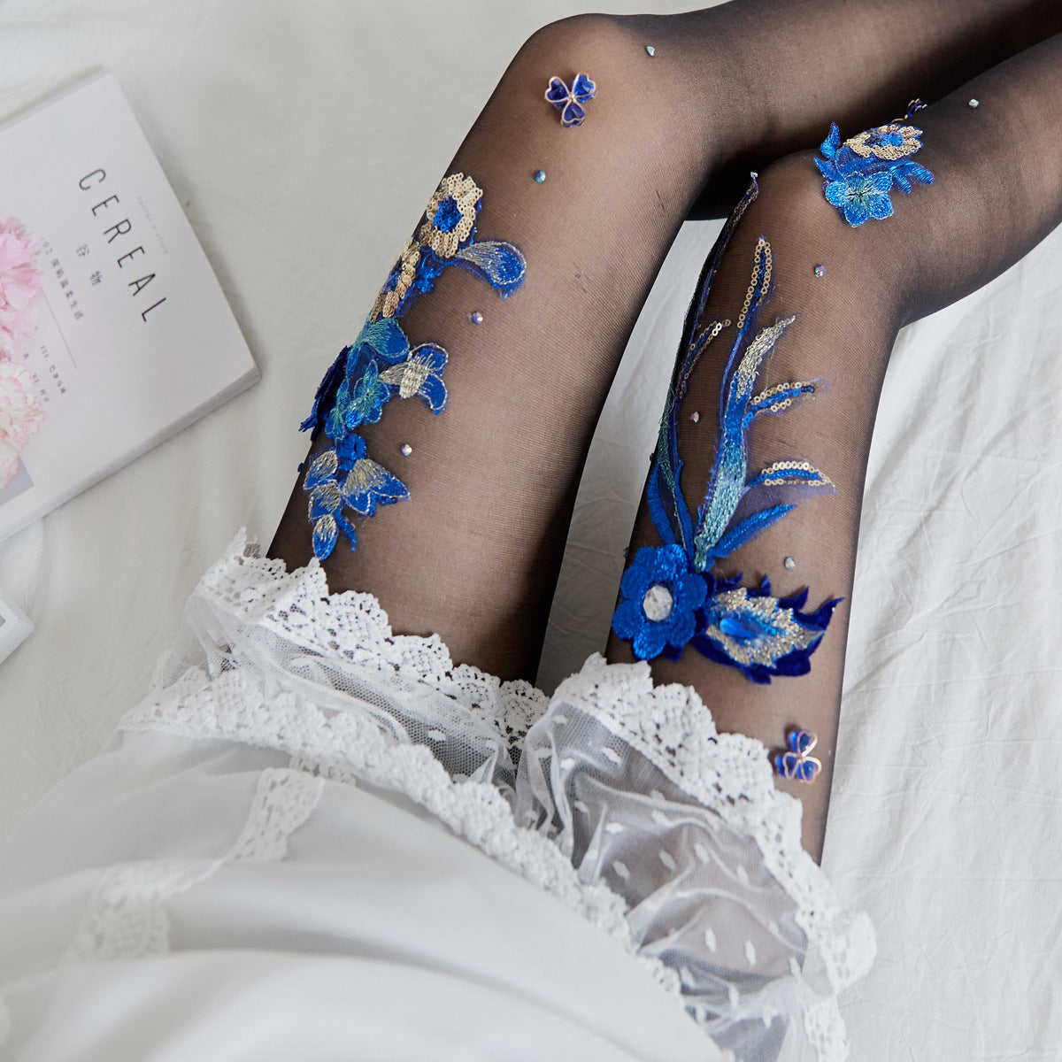 Embroidered Flower Style Cherry Blue Banshee Pattern Stockings