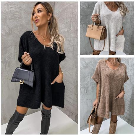 Loose Large Size Pocket Solid Color V-neck Long Sleeve