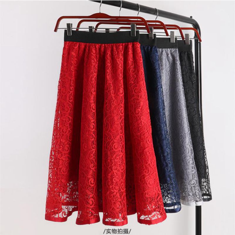 Spring And Summer Elastic High Waist Slimming Lace Crochet Hollow Large Swing A- Line Umbrella Skirt