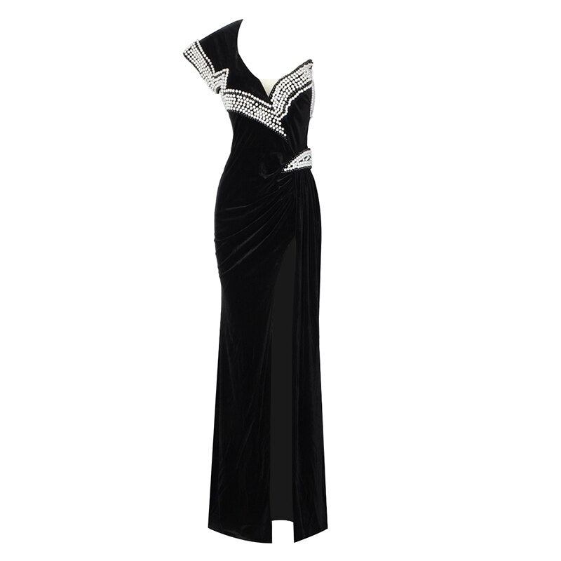 New One-Shoulder Beaded Fashion Beautiful Pleated Folds Slim Long Slit Bandage Dress