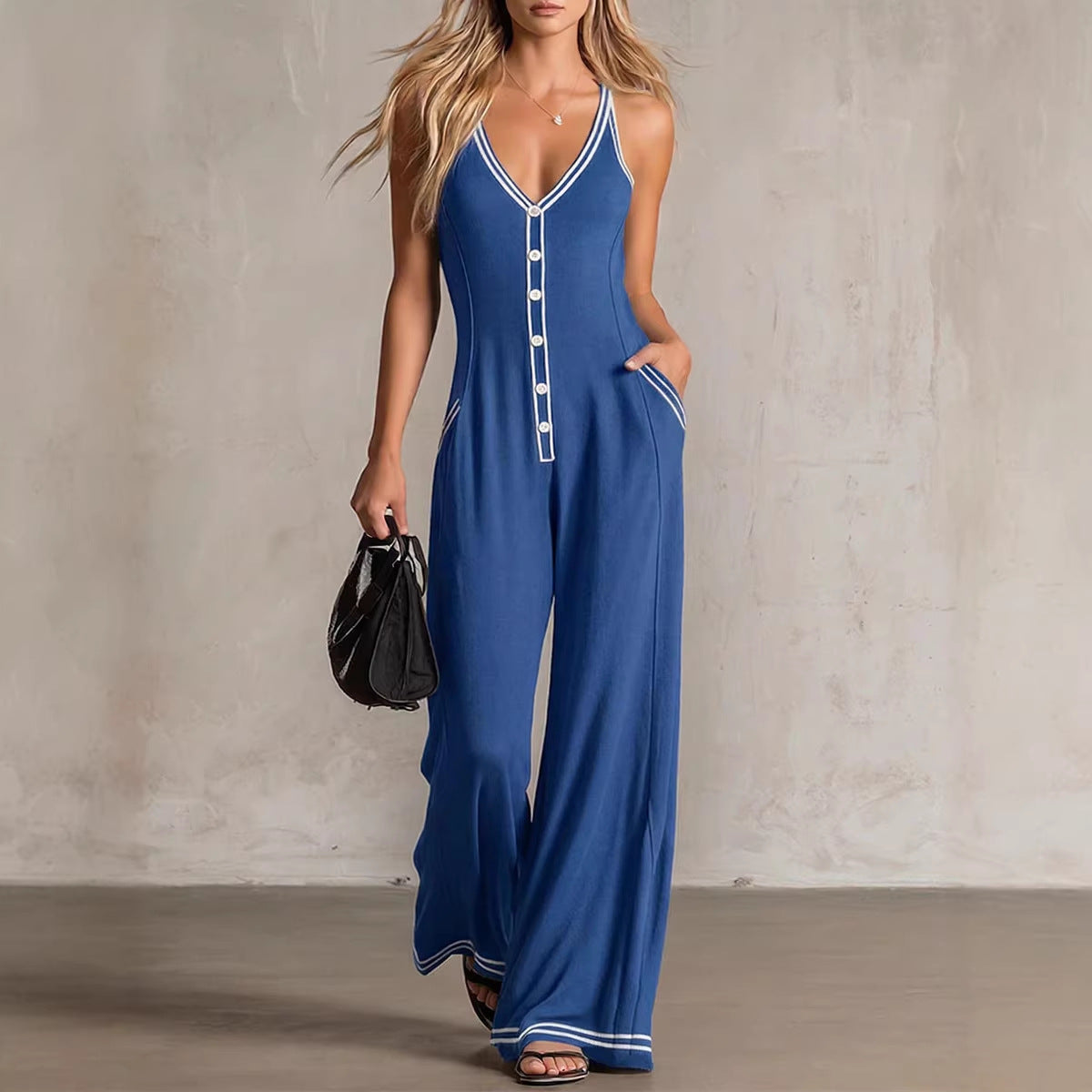 Womens V-Neck Casual Loose Backless Wide-Leg Jumpsuit