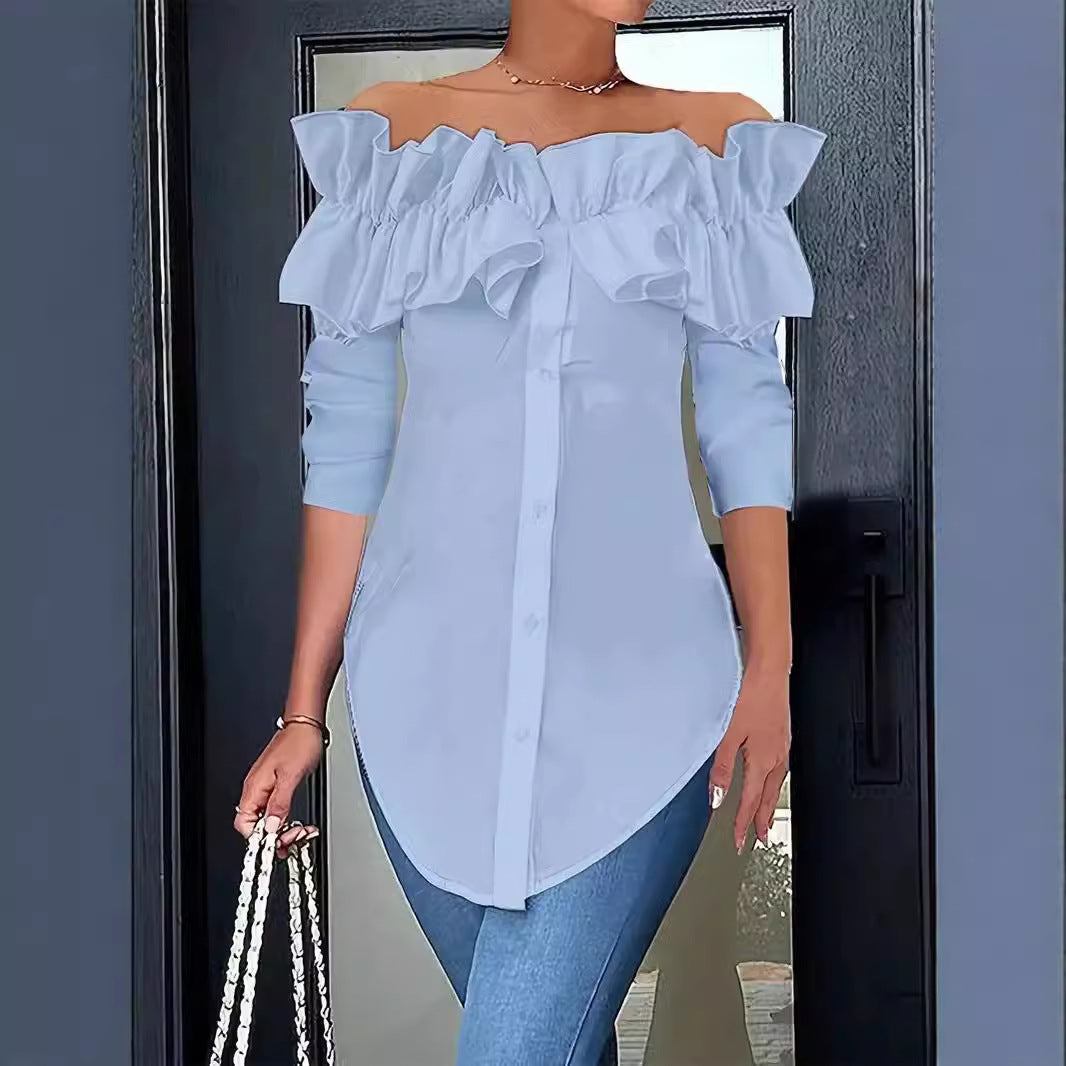 Simple Solid-Color Off-the-Shoulder Ruffle-Trim Shirt Top