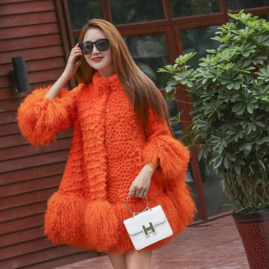 Europe and America women Mongolia Sheep fur sleeve and hem ladies loose outwear Genuine fur coat fashion New fur jacket