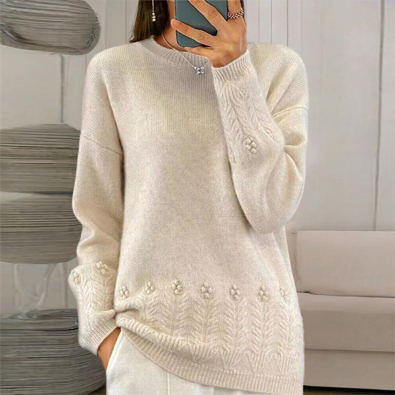 Women's Solid Color 3D Floral Embroidered Sweater, Loose Round Neck Long Sleeve Pullover For Autumn & Winter