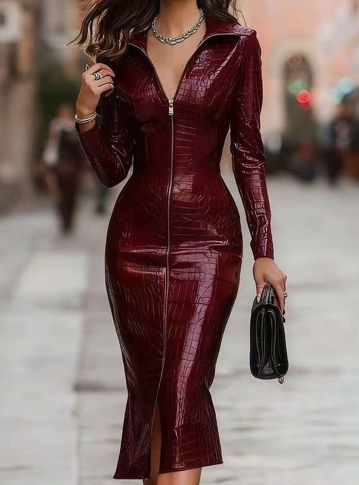 Womens Stylish Glossy Crocodile-Print Midi Skirt With Zipper