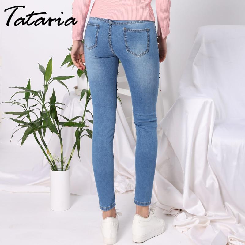 Denim Women Skinny Jeans With Pearls Pants Slim  Pearl Jeans Woman 2018 Mid Waist Pencil Jean For Women