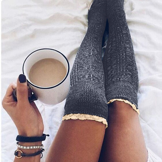 Fashion Ladies Knee High Lace Socks Women Over Knee Socks Thigh High Thick Lovely Girl Knitting Long Stockings