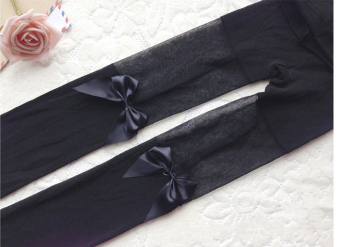 Women's Fashion Garter Bow Solid Color Thigh-high Stockings
