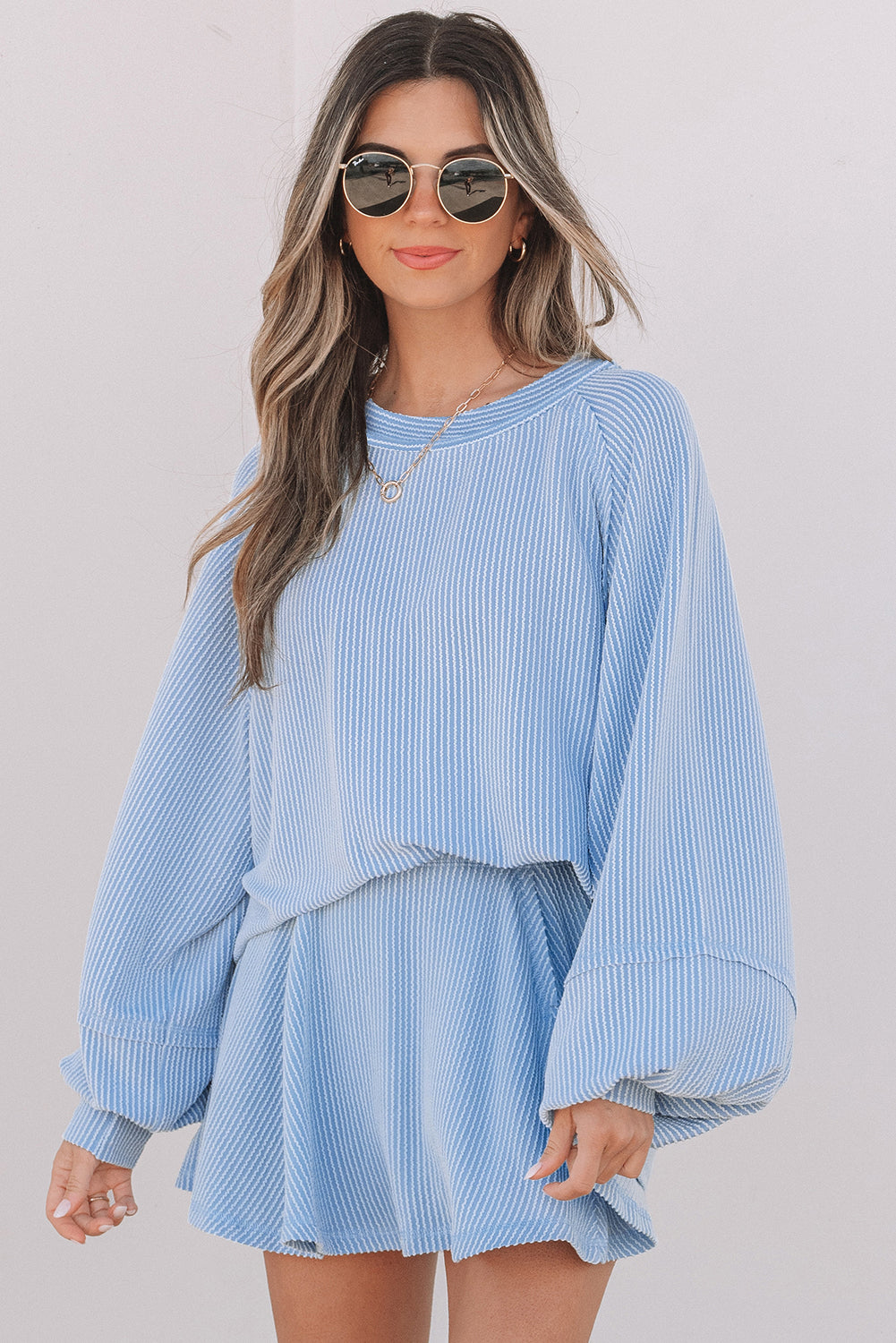 Sky Blue Corded Lantern Sleeve Top High Waist Ruffled Mini Skort Set