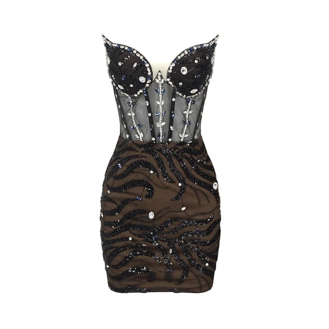 VC Black Mini Dress For Women Sexy Strapless Luxury Crystal Design Evening Party Clubwear Vestido High Quality