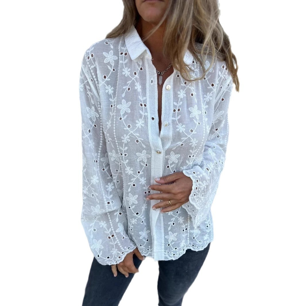 Sweet And Elegant Embroidered Hollow-Out Cotton-Linen Shirt Casual Top