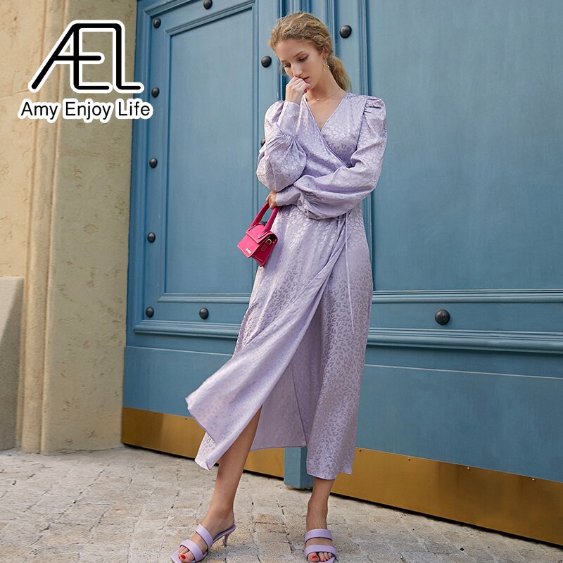 AEL Summer Wrap Dress Satin V-Neck Loose Waist Lace Up Ladies Long Streetwear Violet And Rose Red Pajama Look